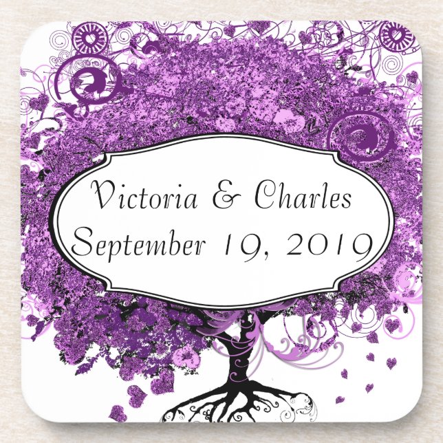 Forest Purple Heart Leaf Tree Wedding Drink Coaster (Front)