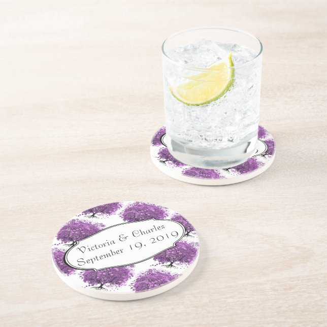 Forest Purple Heart Leaf Tree Wedding Drink Coaster (Side)