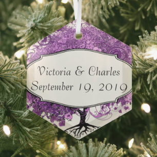Forest Purple Heart Leaf Tree Wedding Glass Ornament