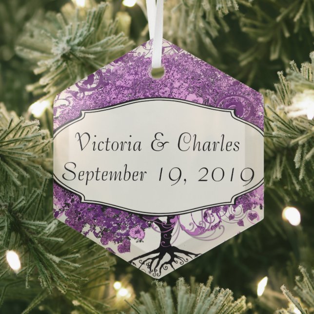 Forest Purple Heart Leaf Tree Wedding Glass Ornament (Insitu)