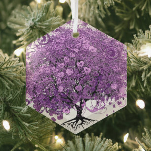Forest Purple Heart Leaf Tree Wedding Glass Ornament