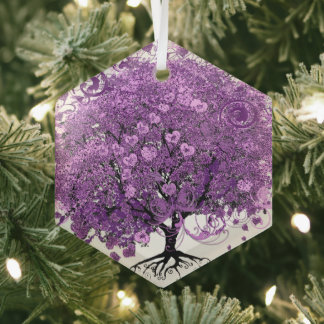 Forest Purple Heart Leaf Tree Wedding Glass Ornament