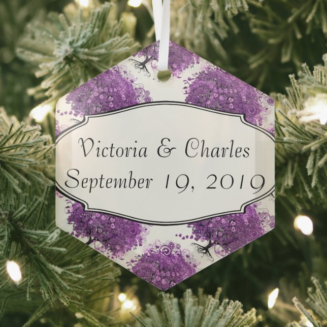 Forest Purple Heart Leaf Tree Wedding Glass Ornament (Insitu)