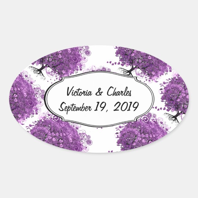 Forest Purple Heart Leaf Tree Wedding Oval Sticker (Front)