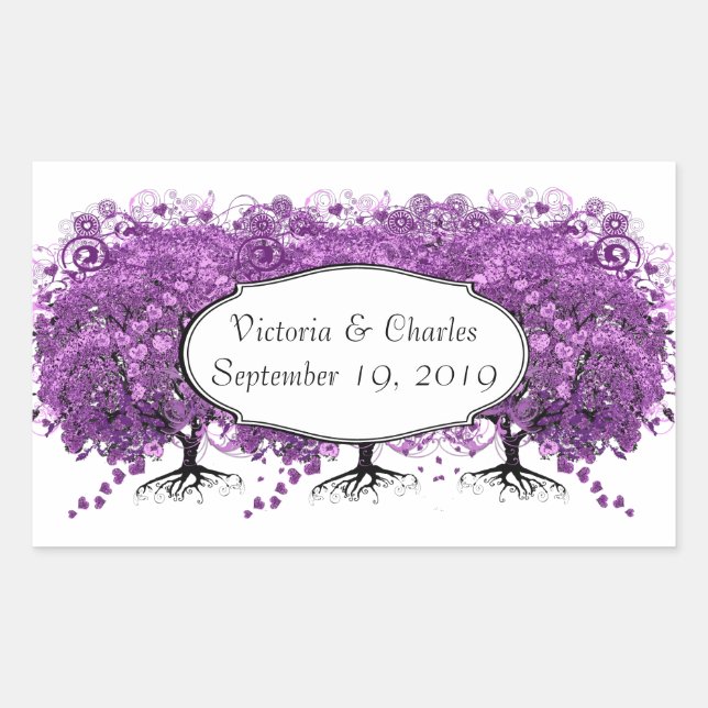 Forest Purple Heart Leaf Tree Wedding Rectangular Sticker (Front)