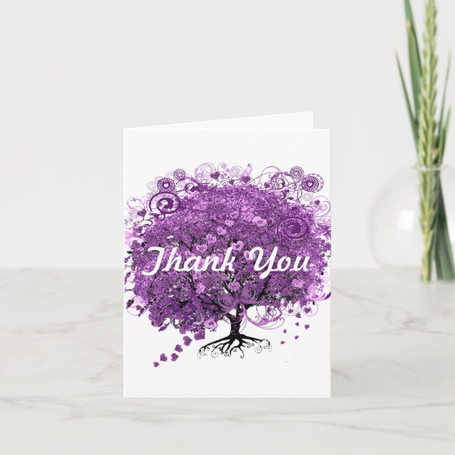 Forest Purple Heart Leaf Tree Wedding Thank You Card (Front)