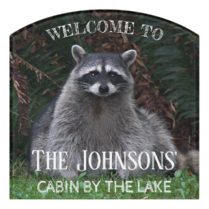 Forest Raccoon Wildlife Photo Family Name Welcome Door Sign