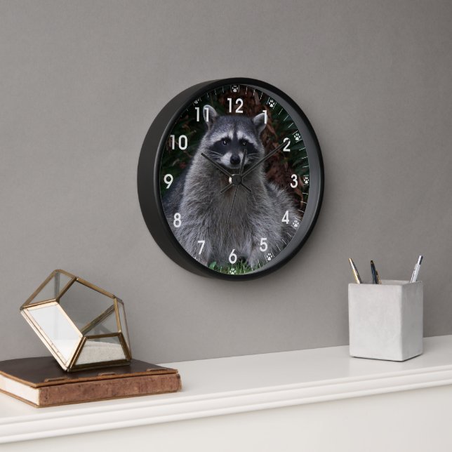 Forest Raccoon Wildlife Photo with Pawprints Clock (Office)