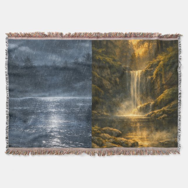 Forest Rain & Waterfall Two‑Scene Throw Blanket (Front)