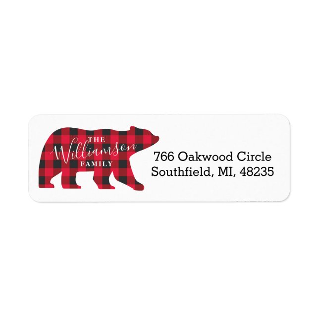 Forest Red Buffalo Plaid Bear Family Christmas Label (Front)