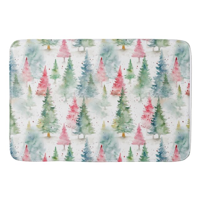 Forest, Red Green Pine Trees Holiday Bath Mat (Front)