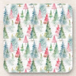 Forest, Red Green Pine Trees Holiday Beverage Coaster
