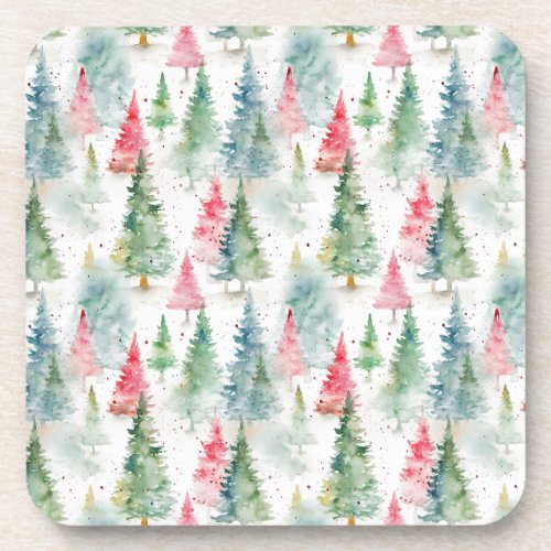 Forest Red Green Pine Trees Holiday Beverage Coaster
