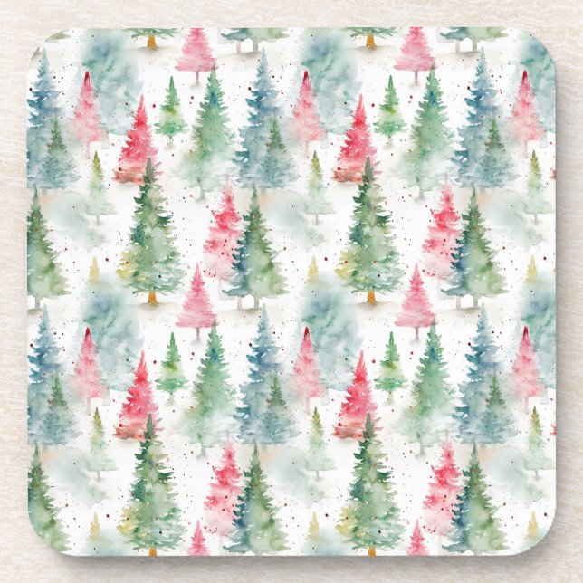 Forest, Red Green Pine Trees Holiday Beverage Coaster (Front)