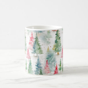 Forest, Red Green Pine Trees Holiday Coffee Mug