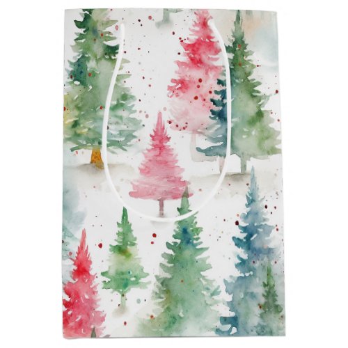 Forest Red Green Pine Trees Holiday Medium Gift Bag