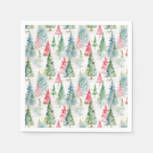 Forest, Red Green Pine Trees Holiday Napkins