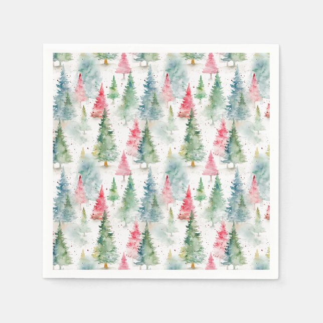 Forest, Red Green Pine Trees Holiday Napkins (Front)
