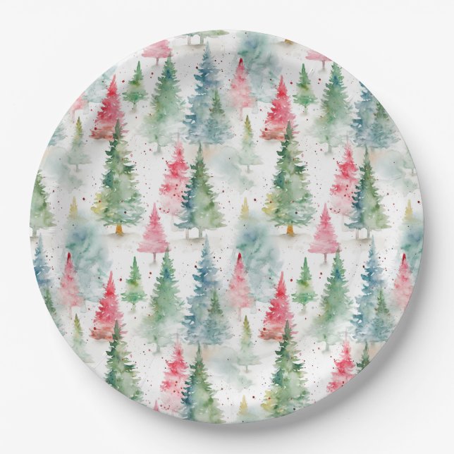 Forest, Red Green Pine Trees Holiday Paper Plates (Front)