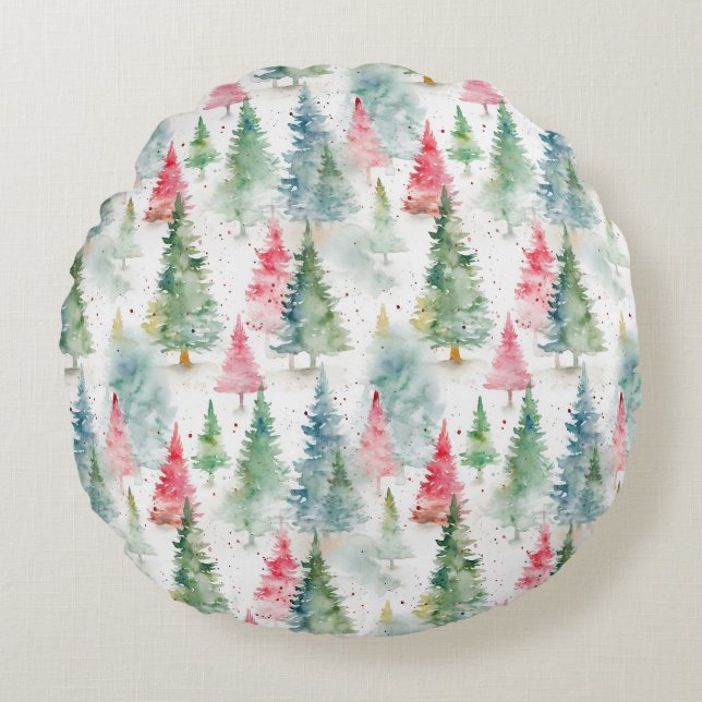 Forest, Red Green Pine Trees Holiday Round Pillow (Front)