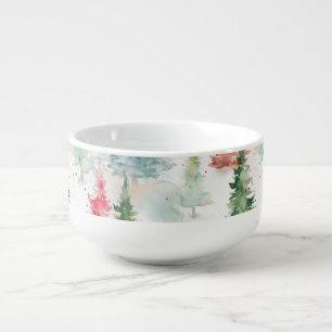 Forest, Red Green Pine Trees Holiday Soup Mug