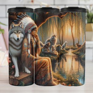 Forest Reflection: Woman and Wolves. Thermal Tumbler