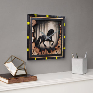 Forest Ride: Personalized Charred Wood Friesian Square Wall Clock