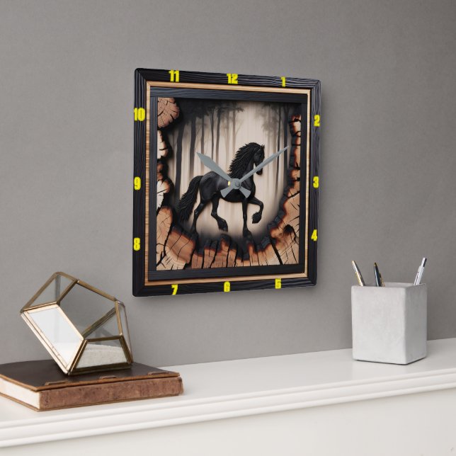 Forest Ride: Personalized Charred Wood Friesian Square Wall Clock (Office)