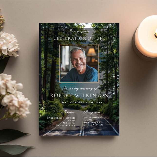 Forest road celebration of life Funeral Photo Invitation (Creator Uploaded)