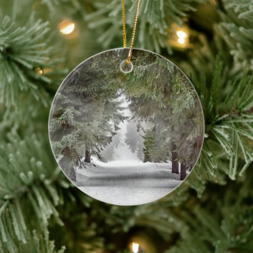 Forest Road Snow Pine Trees Photo Ceramic Ornament