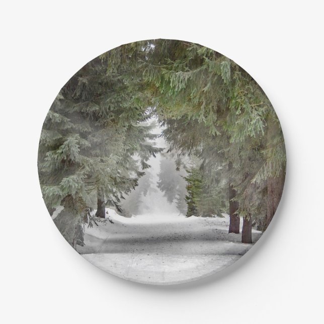 Forest Road Snow Pine Trees Photo Paper Plates (Front)