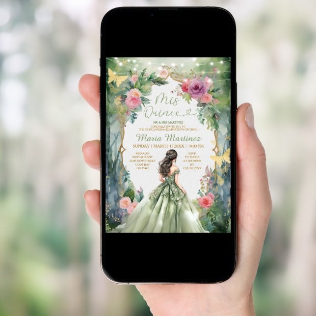 Forest Sage Green Dress Pink Flowers 15 Mis Quince Invitation (Front Digital)