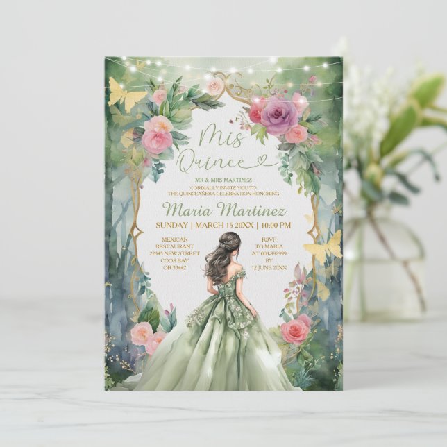 Forest Sage Green Dress Pink Flowers 15 Mis Quince Invitation | Zazzle Forest Sage Green Dress Pink Flowers 15 Mis Quince Invitation | Zazzle
