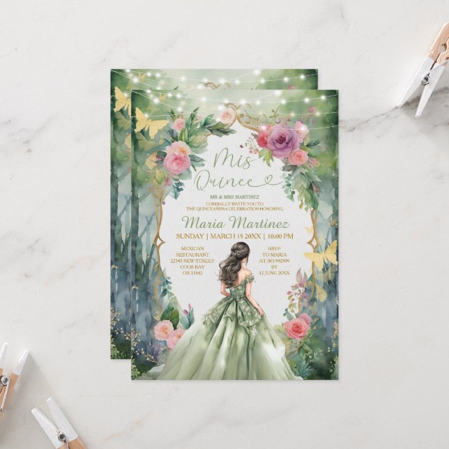 Forest Sage Green Dress Pink Flowers 15 Mis Quince Invitation | Zazzle
