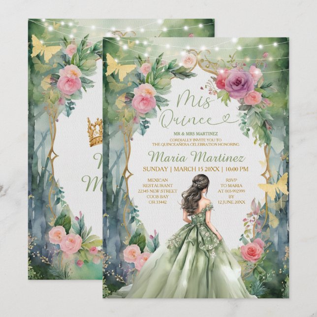 Forest Sage Green Dress Pink Flowers 15 Mis Quince Invitation | Zazzle