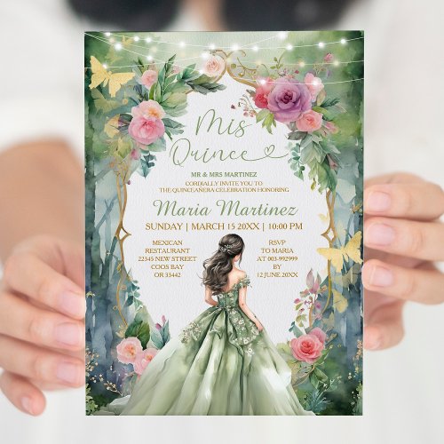 Forest Sage Green Dress Pink Flowers 15 Mis Quince Invitation