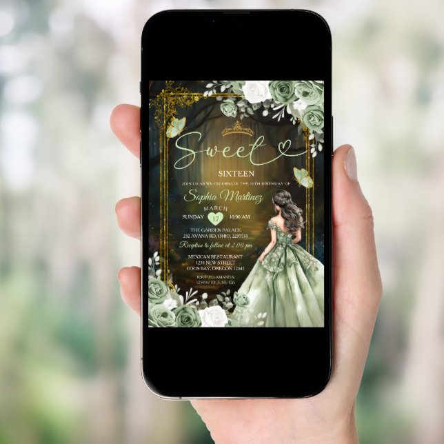 Forest Sage Green Princess Quinceañera  Invitation (Front Digital)