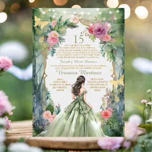 Forest Sage Green Princess Spanish 15 Mis Quince Invitation