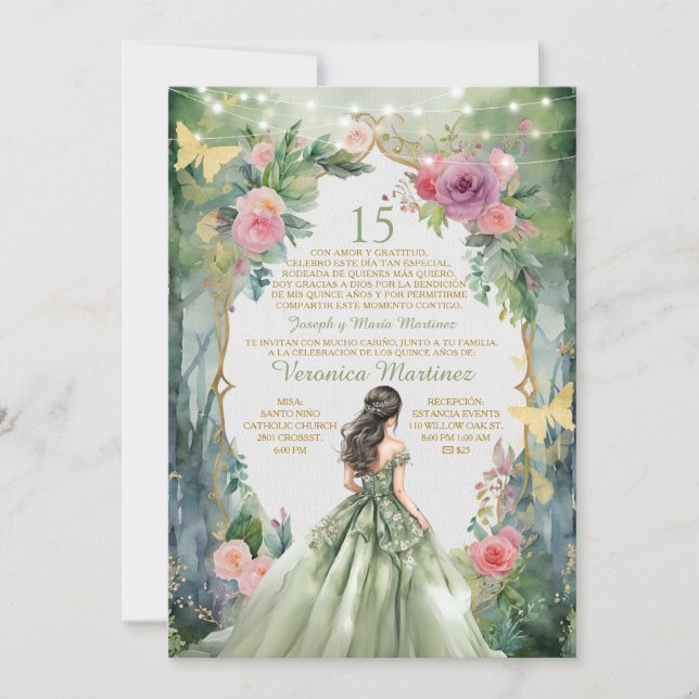 Forest Sage Green Princess Spanish 15 Mis Quince Invitation (Front)