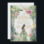 Forest Sage Green Princess Spanish 15 Mis Quince Invitation<br><div class="desc">EDITABLE Forest Sage Green Princess Spanish 15 Mis Quince Invitation
Elegant Forest Sage Green Dress Pink Flowers 15 Años Invitation
Quinceañera 15 Anos,  16th Birthday Gold Butterfly</div>