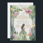Forest Sage Green Princess Spanish 15 Mis Quince Invitation<br><div class="desc">EDITABLE Forest Sage Green Princess Spanish 15 Mis Quince Invitation
Elegant Forest Sage Green Dress Pink Flowers 15 Años Invitation
Quinceañera 15 Anos,  16th Birthday Gold Butterfly</div>