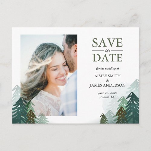 Forest Save the Date Postcard Winter Pine Trees