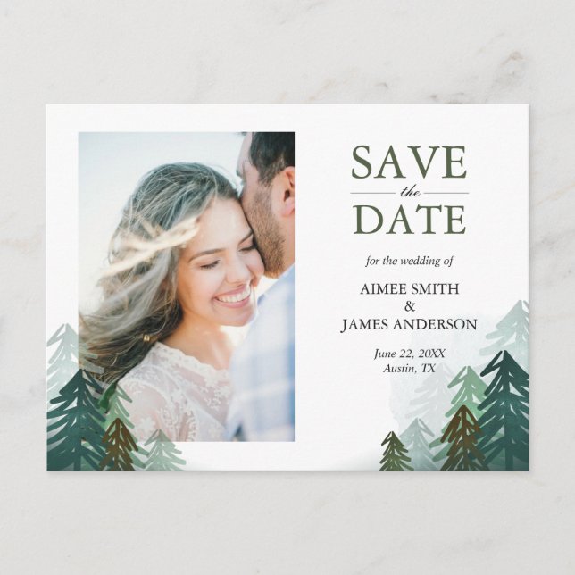Forest Save the Date Postcard Winter Pine Trees (Front)