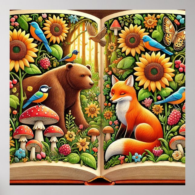 Forest Scene With Bear, Fox, Sunflowers Poster (Front)