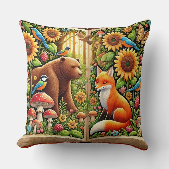 Forest Scene With Bear, Fox, Sunflowers Throw Pillow (Front)