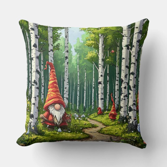 Forest Scene With Gnomes and Birch Trees Throw Pillow (Front)