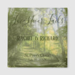 Forest Scenery Wedding Couple Magnet<br><div class="desc">A lovely wedding favor,  this refrigerator magnet features a lovely green and yellow forest background with "Love never fails" written in cute cursive green font.  Underneath is the name of the couple,  venue,  and wedding date.  Great for bridal showers,  bachelorette parties,  etc. Customize yours today!</div>