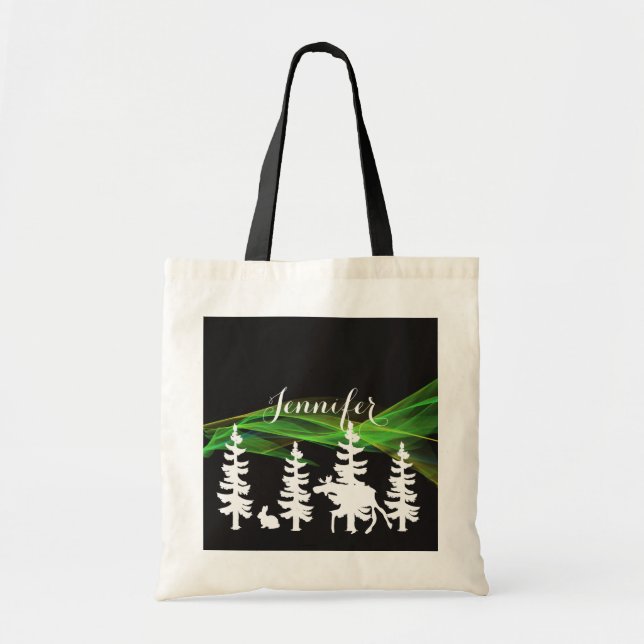 Forest silhouettes in white black northern lights tote bag (Front)