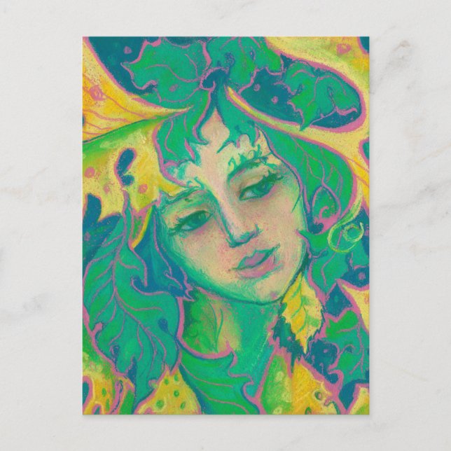Forest Spirit, Surreal Fantasy Portrait Green Folk Postcard (Front)