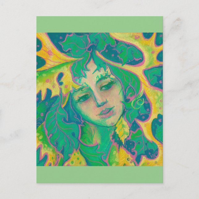 Forest Spirit, Surreal Fantasy Portrait Green Folk Postcard (Front)